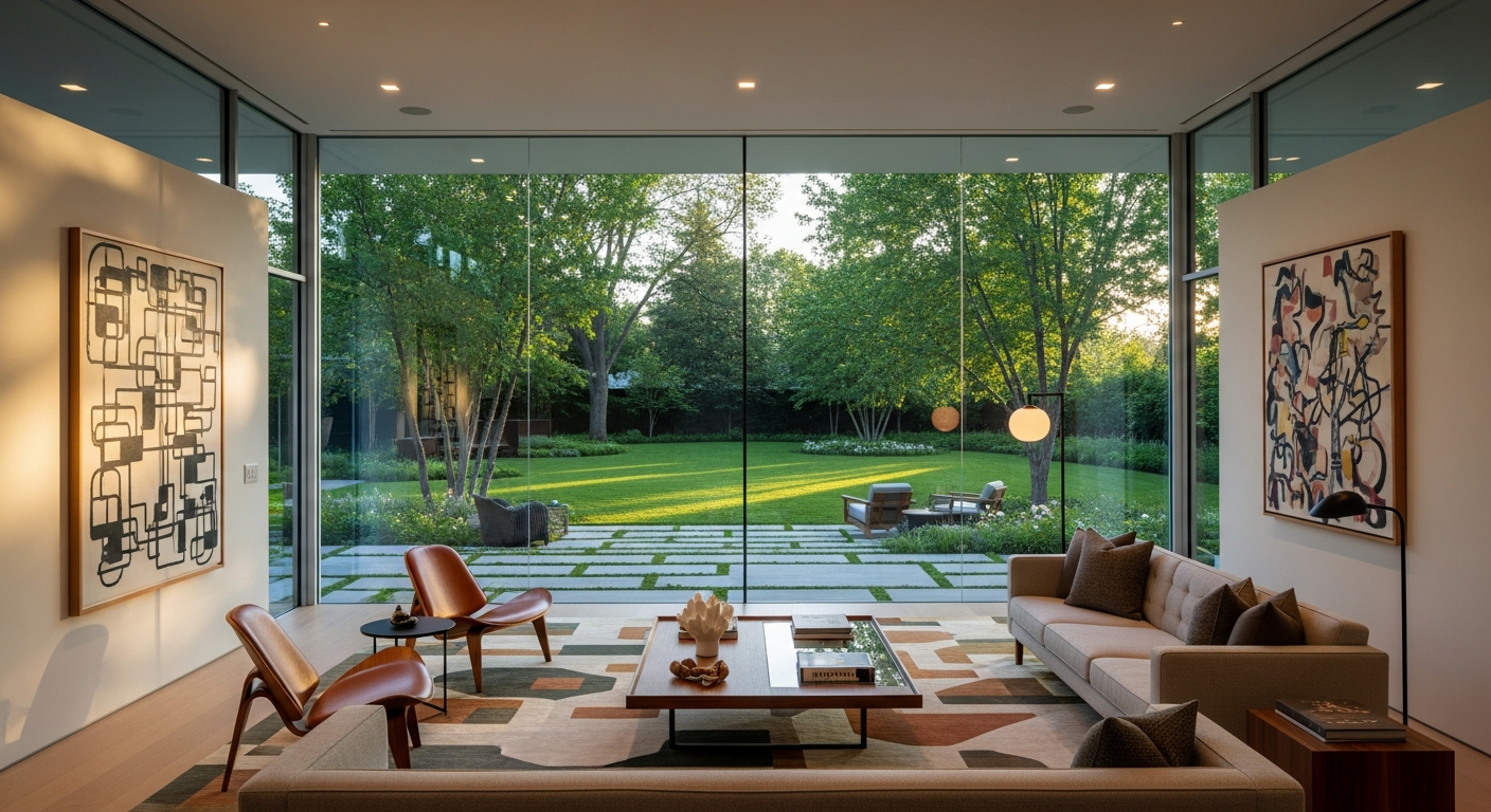 Large-lot mid-century modern Denver luxury home interior with walls of glass to a green yard